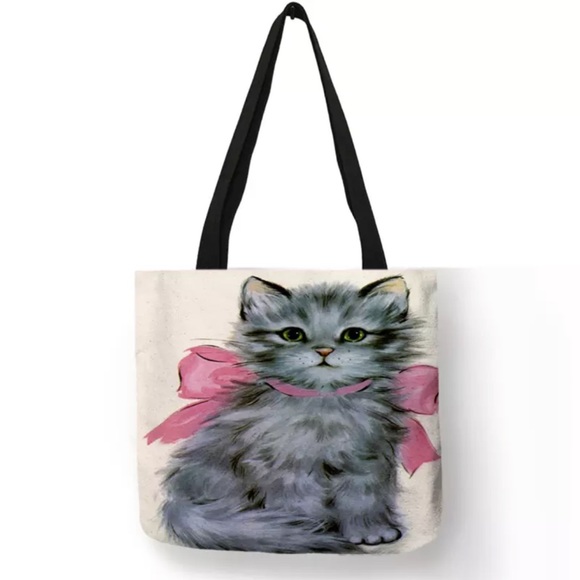 Handbags - Eco-Friendly Gray Persian Kitten with Pink Bow Folding Tote Bag